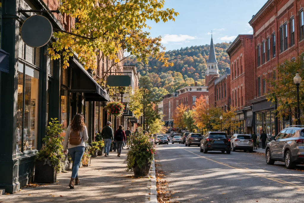 Brattleboro Vermont 다운타운의 벽돌 건물과 메인 스트리트