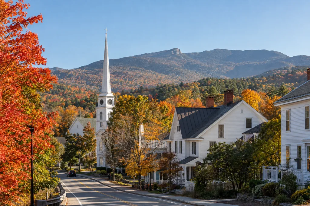Stowe Village와 Mount Mansfield가 보이는 소도시 풍경